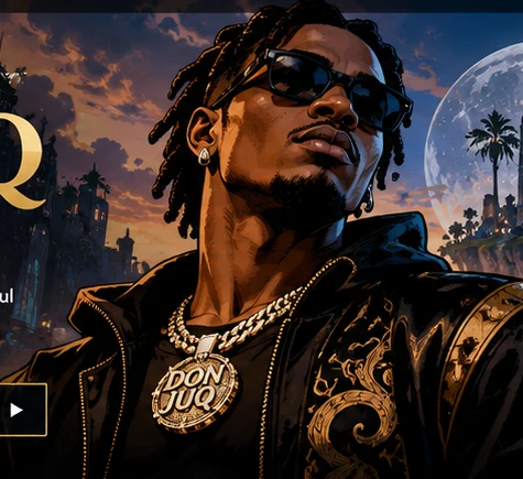 Don Juq, the sovereign, in black and gold attire overlooking a futuristic city