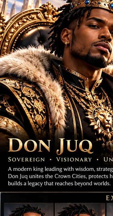 Don Juq, the sovereign, in black and gold attire overlooking a futuristic city
